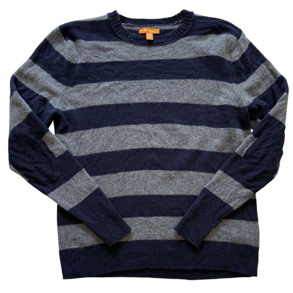 Joe Fresh Mens Lambswool 80% Blue Gray Striped Sweater XL Elbow Patches Preppy - Picture 1 of 7